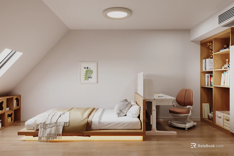 Cozy Modern Kids Room With Bed Desk Chair Bookshelf And Skylight 3d model 