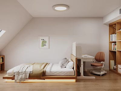 Cozy Modern Kids Room With Bed Desk Chair Bookshelf And Skylight 3d model