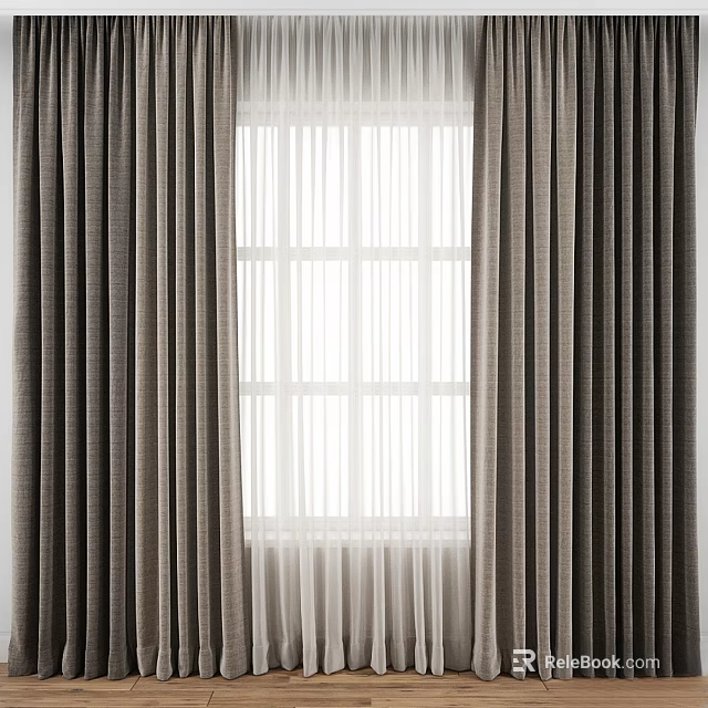 Modern Double Layer Window Curtain With Dark Brown Outer And White Sheer Inner 3d model 