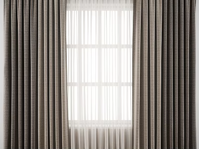 Modern Double Layer Window Curtain With Dark Brown Outer And White Sheer Inner 3d model