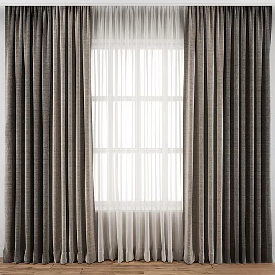 Modern Double Layer Window Curtain With Dark Brown Outer And White Sheer Inner 3d model