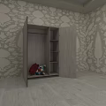 Modern Open Wardrobe Interior With Shelves Storage Items And Patterned Wallpaper Wooden Floor