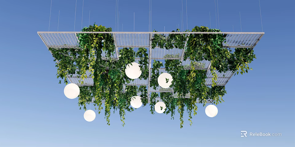 Modern Grid Ceiling with Hanging Green Vines White Round Lights and Blue Sky 3d model 
