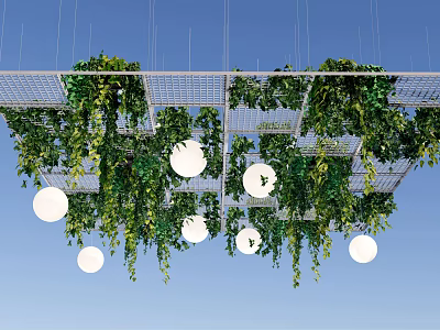 Modern Grid Ceiling with Hanging Green Vines White Round Lights and Blue Sky 3d model