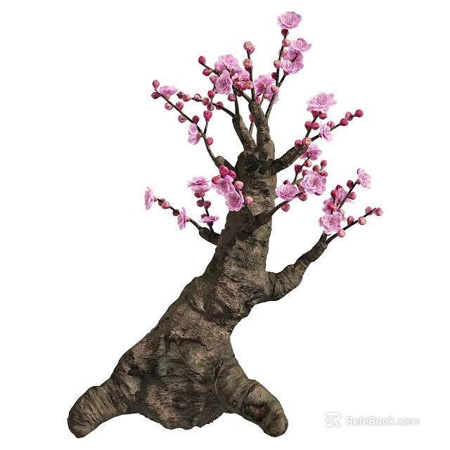 Beautiful Blooming Tree With Thick Twisted Trunk And Pink Flowers 3d model 
