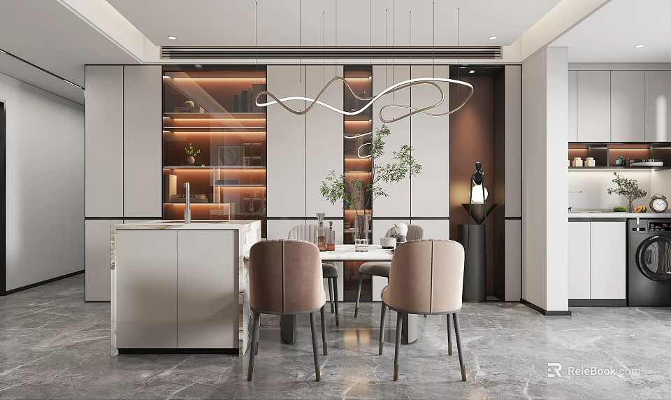 Modern Restaurant Interior With Dining Table Chairs Pendant Lights And Decorative Plants 3d model