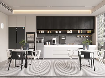 Modern Pantry Interior With Black Cabinets White Countertops Coffee Machine Dining Chairs Plants And Windows 3d model