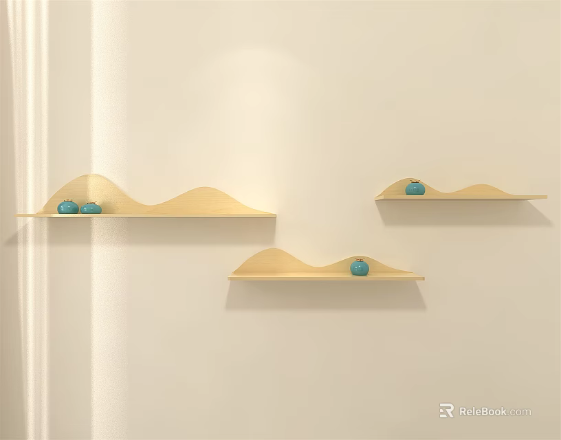 Wooden Wavy Wall Shelves on White Wall with Small Blue Decorations 3d model 