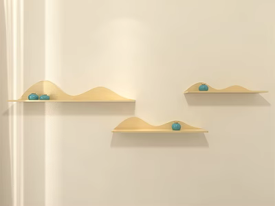 Wooden Wavy Wall Shelves on White Wall with Small Blue Decorations 3d model