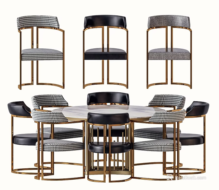 Modern Round Dining Table Set With Gold Metal Frame Chairs Checkerboard And Solid Fabric Upholstery 3d model 