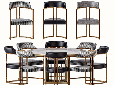 Modern Round Dining Table Set With Gold Metal Frame Chairs Checkerboard And Solid Fabric Upholstery 3d model