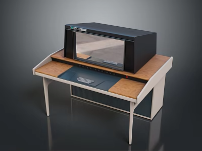 Vintage Computer Setup With Wooden Top Desk And Metal Frame Monitor Keyboard 3d model
