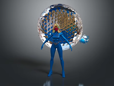Game Movie Character In Blue Bodysuit With Transparent Sphere And Golden Internal Structure 3d model