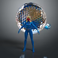 Game Movie Character In Blue Bodysuit With Transparent Sphere And Golden Internal Structure