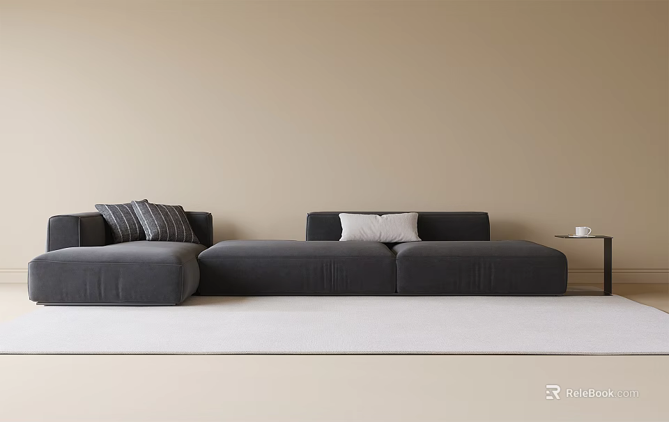 Gray Sectional Sofa With Cushions And Side Table On Beige Wall Light Rug 3d model