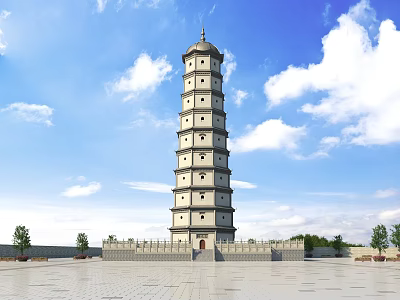 Traditional Multi story Pagoda With Surrounding Square Wall And Trees Under Blue Sky 3d model