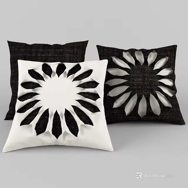 Modern Black and White Decorative Pillows With Radial Petal Floral Design For Home Decor 3d model 