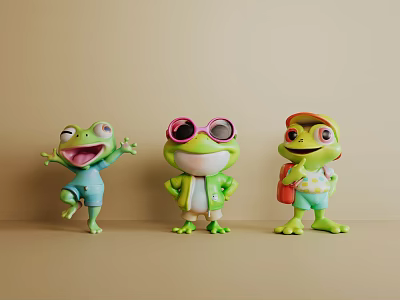 Colorful Cartoon Frog Sculptures with Playful Poses Sunglasses and Backpack Design Features 3d model