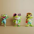 Colorful Cartoon Frog Sculptures with Playful Poses Sunglasses and Backpack Design Features