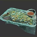Grilled Meat In Foil Container With Cheese Vegetables And Small Plastic Sauce Cups