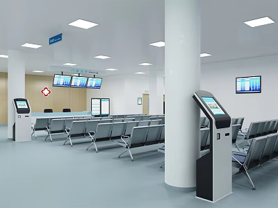 Modern Public Waiting Area With Self Service Kiosks Seating And Digital Screens 3d model