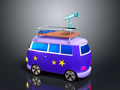Purple Van With Yellow Stars On Body And Roof Bed Telescope On Top 3d model