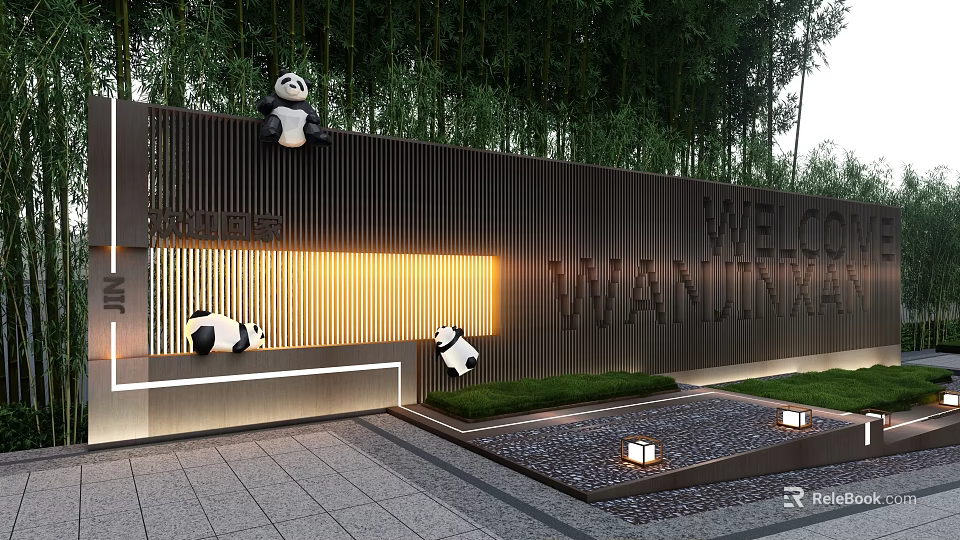 Decorative Feature Wall with Panda Ornaments Bamboo Background and Welcome Text Signage 3d model 