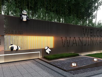 Decorative Feature Wall with Panda Ornaments Bamboo Background and Welcome Text Signage 3d model