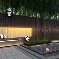 Decorative Feature Wall with Panda Ornaments Bamboo Background and Welcome Text Signage