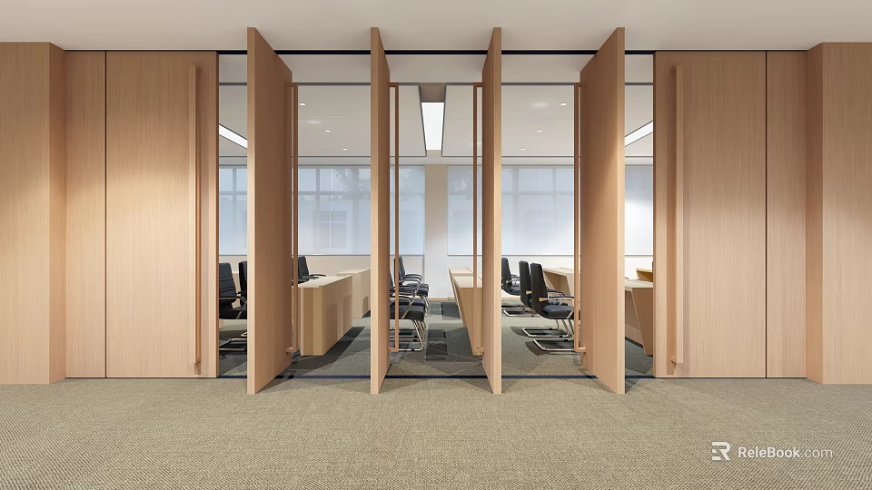 Modern Conference Room Interior With Open Wooden Partitions Long Table Black Chairs And Large Windows 3d model 