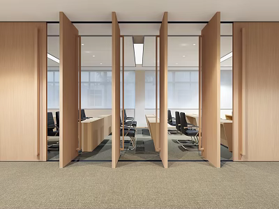 Modern Conference Room Interior With Open Wooden Partitions Long Table Black Chairs And Large Windows 3d model