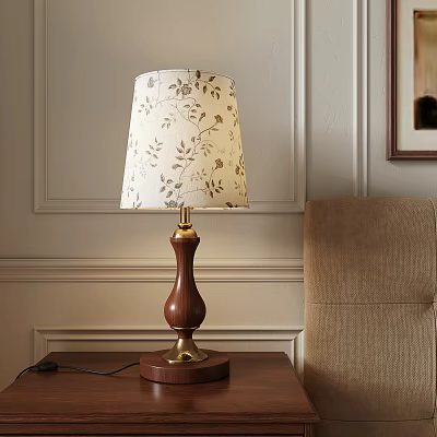Classic Table Lamp With Floral Pattern Lampshade Wooden Base And Gold Metal Accents On Table 3d model