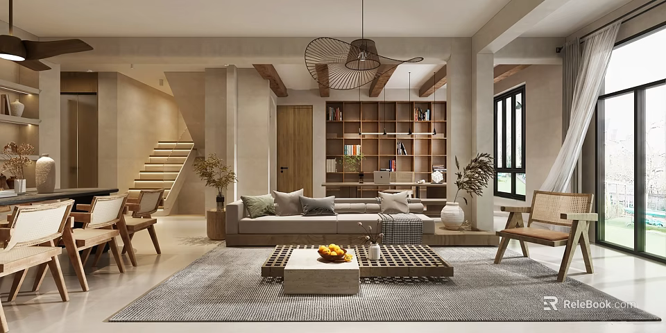 Modern Living Dining Room Interior With Sofa Coffee Table Bookshelf And Staircase 3d model 