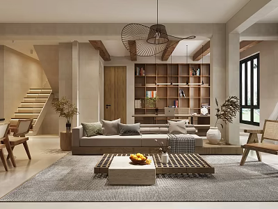 Modern Living Dining Room Interior With Sofa Coffee Table Bookshelf And Staircase 3d model