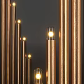 Golden Curved Floor Lamp With Slender Illuminated Tubes In Dark Background