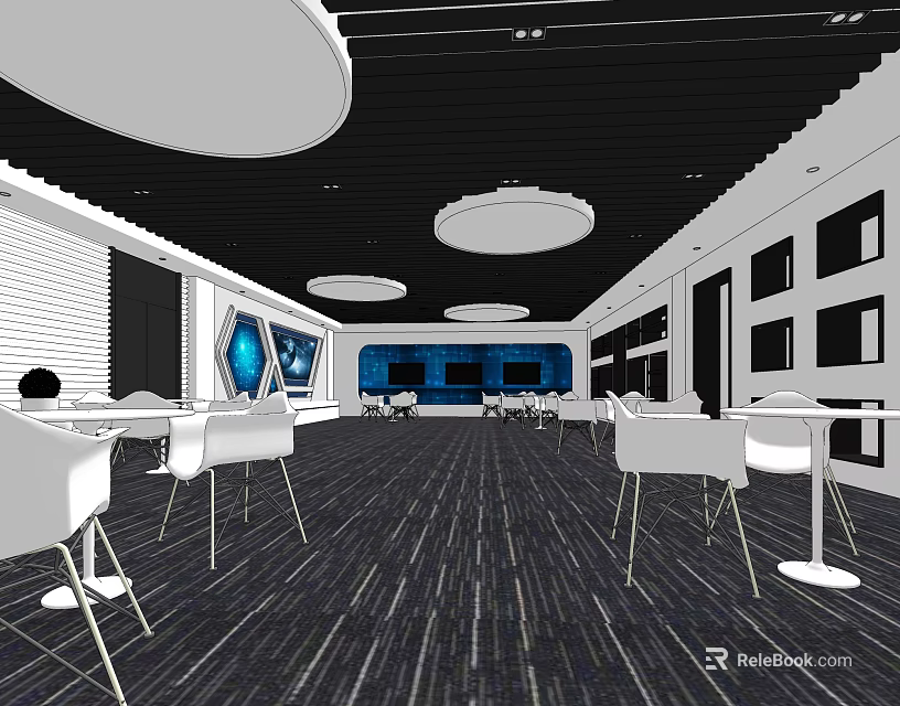 Modern Interior With White Tables Chairs Round Pendant Lights Black Ceiling And Blue Accent Wall 3d model 