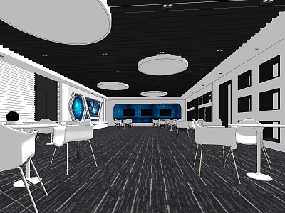 Modern Interior With White Tables Chairs Round Pendant Lights Black Ceiling And Blue Accent Wall 3d model