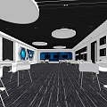 Modern Interior With White Tables Chairs Round Pendant Lights Black Ceiling And Blue Accent Wall