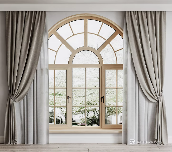 Elegant Gray Curtains Framing Arched Window With Lush Green Outdoor View 3d model 