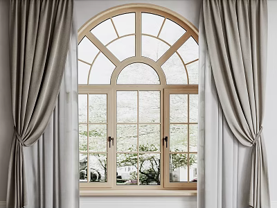 Elegant Gray Curtains Framing Arched Window With Lush Green Outdoor View 3d model