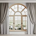 Elegant Gray Curtains Framing Arched Window With Lush Green Outdoor View