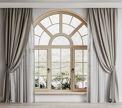 Elegant Gray Curtains Framing Arched Window With Lush Green Outdoor View 3d model