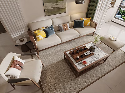 Sofa And Coffee Table Set With Yellow Blue Brown Cushions Wooden Marble Top Neutral Rug 3d model