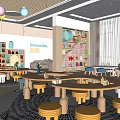 Modern Kindergarten Interior With Round Tables Yellow Stools Bookshelves And Colorful Lanterns