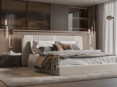 Contemporary Double Bed with Tufted Upholstered Headboard Soft Pillows Cozy Blanket and Modern Pendant Lights 3d model