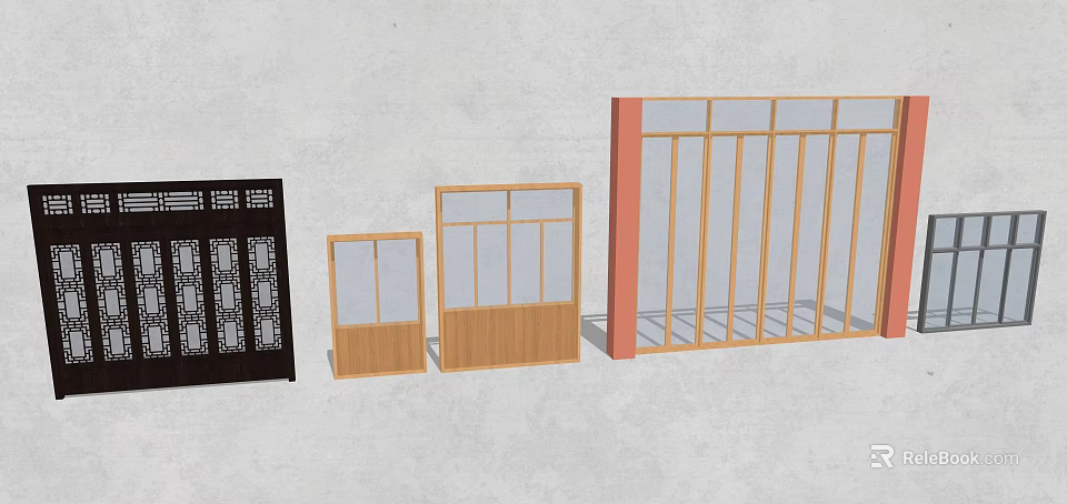 Various Door And Window Frames With Wooden Metal Designs And Glass Panels 3d model 