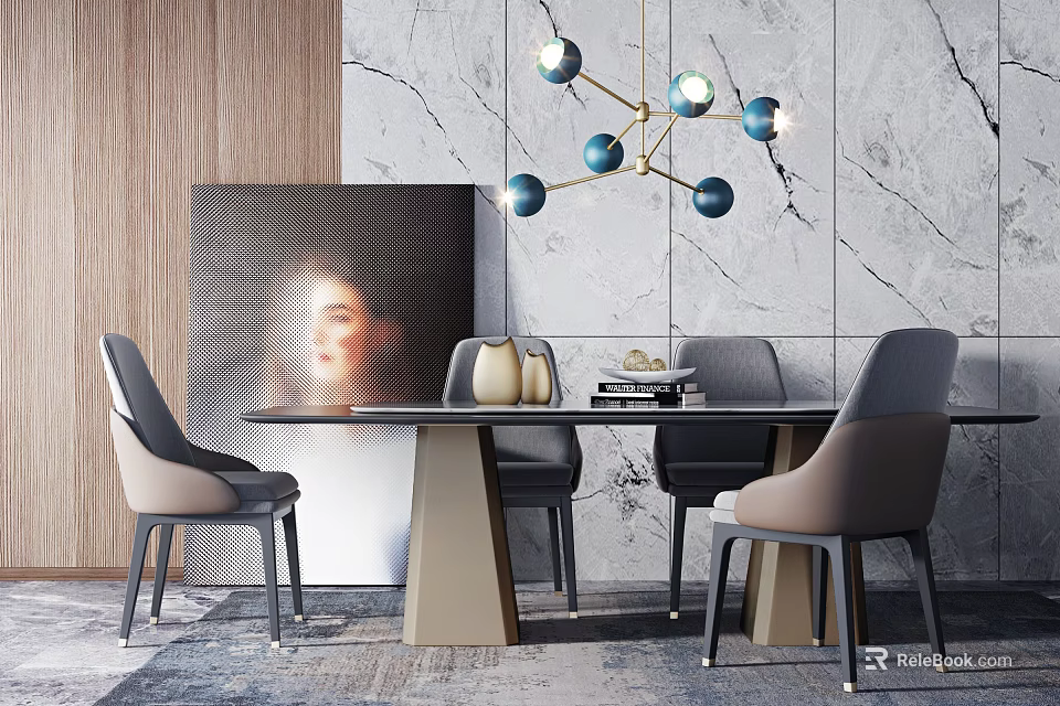 Elegant Modern Dining Table Set With Gray Chairs Blue Globe Chandelier And Marble Wall Artwork 3d model