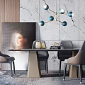 Elegant Modern Dining Table Set With Gray Chairs Blue Globe Chandelier And Marble Wall Artwork 3d model