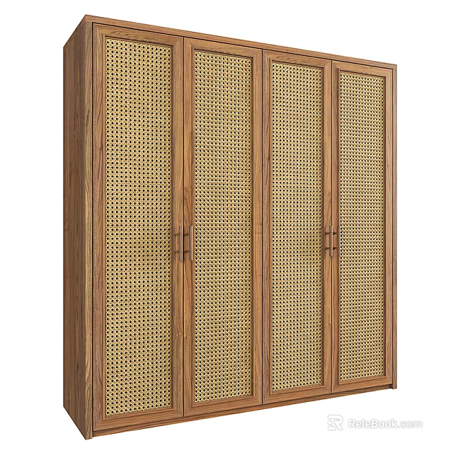 Wooden Four Door Wardrobe With Lattice Design Doors And Natural Tone Finish 3d model 