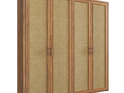 Wooden Four Door Wardrobe With Lattice Design Doors And Natural Tone Finish 3d model